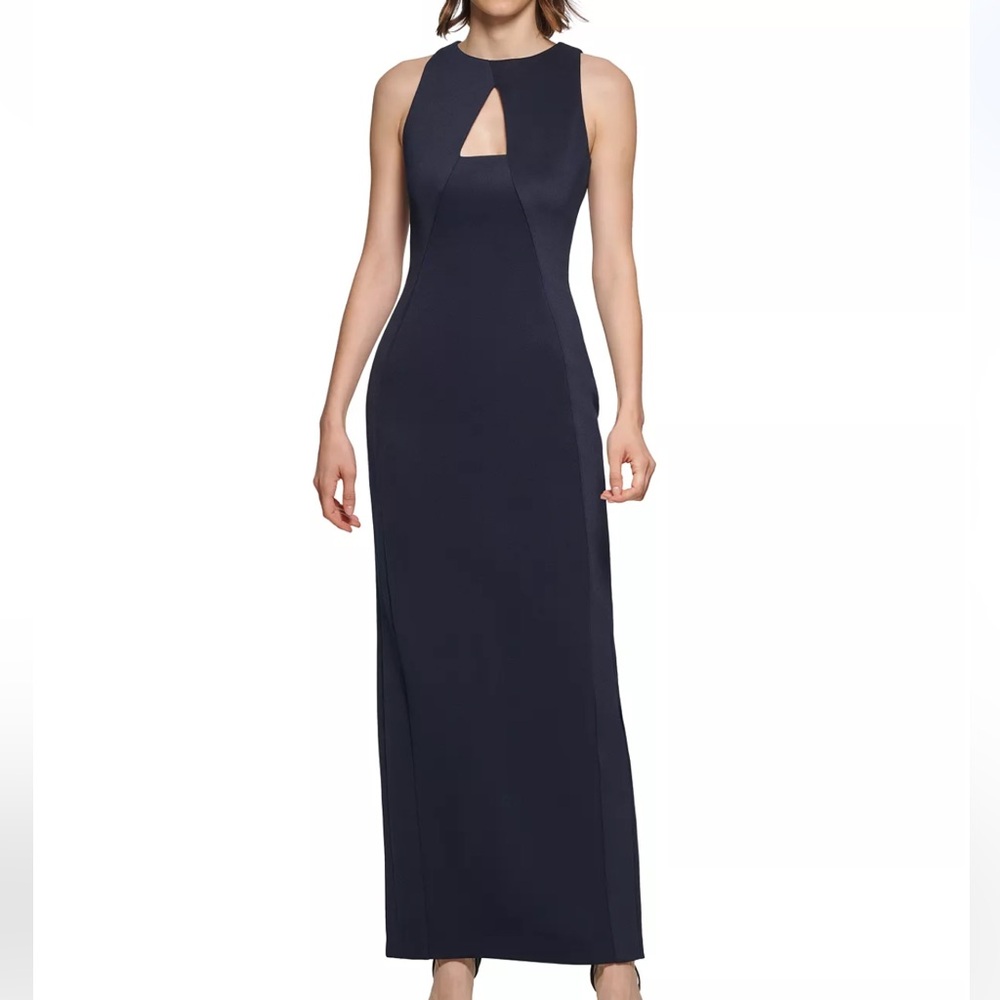 Women's Solid Seamed Keyhole Gown (Navy Blue)